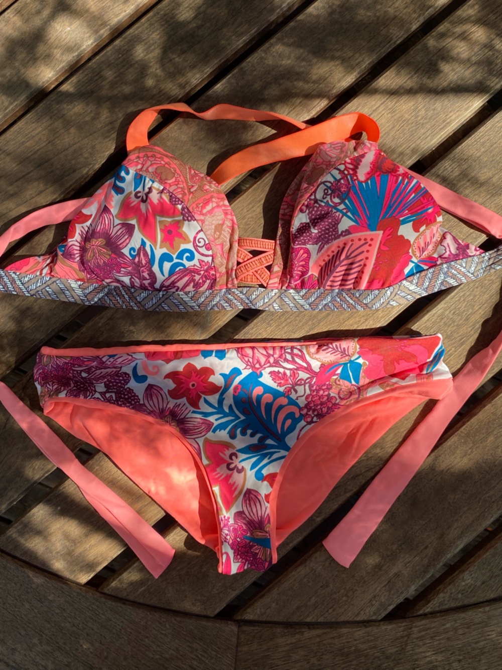Maaji Bikini Set Reversible Bottoms S Top L Coral Pink Blue Floral NWOT Brazil